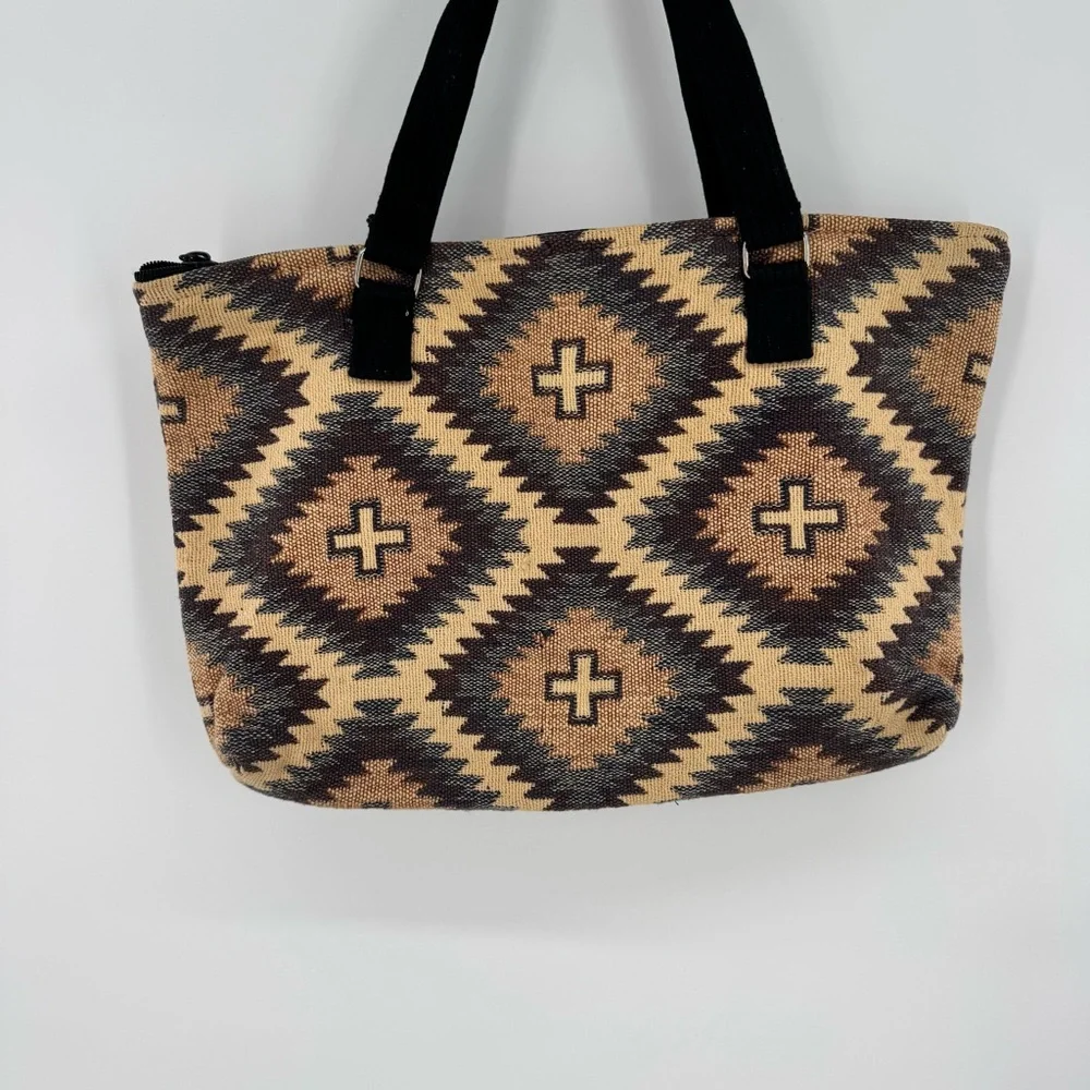 El Paso‎ Saddle Blanket Beige Brown Southwestern Aztec Print Zip Tote Bag Woven